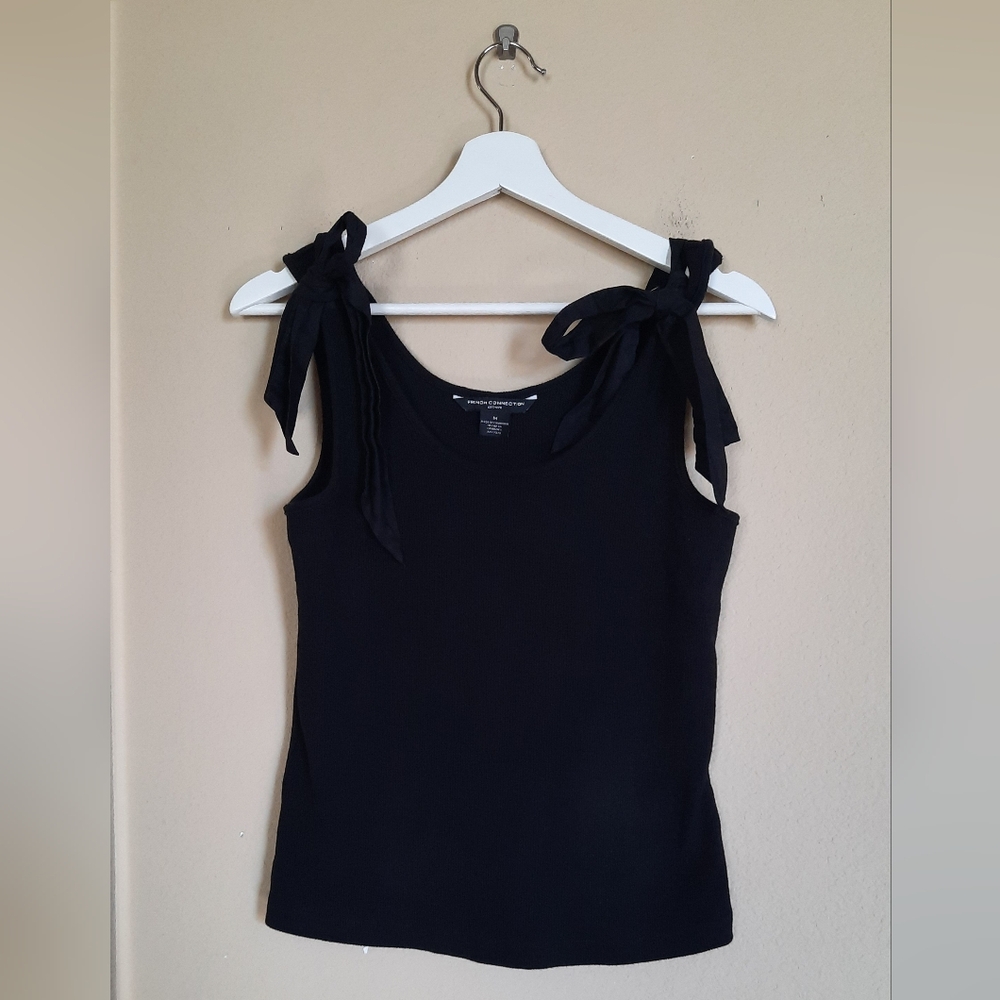 French Connection Black Ribbed Tank Top Bow Sleeve Tie Feminine